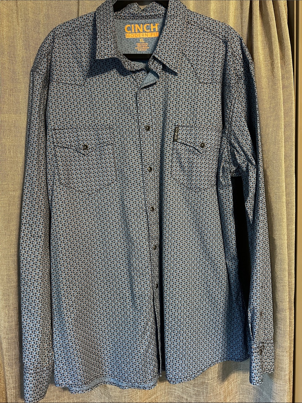 Cinch Modern Fit Blue & Salmon Orange Geometric Print Button-Down Shirt